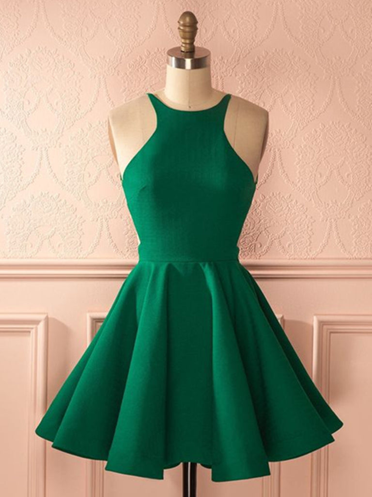 A Line Round Neck Backless Short Green ...